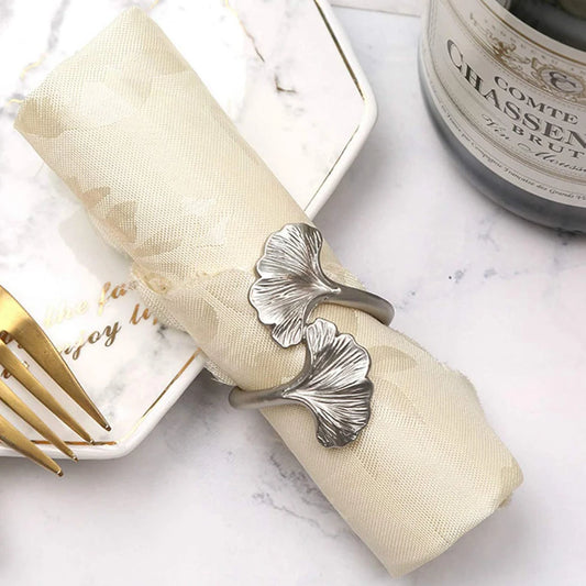 Hebillas de Metal Hoja de Ginkgo - Anillos de Servilleta de Oro Rosa y Plata para Bodas y Eventos (4 Piezas)