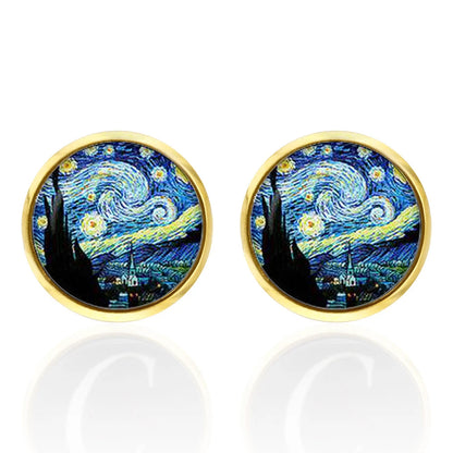 Gemelos de Arte Clásico de Van Gogh para Hombres – Cielo Estrellado en Vidrio y Broche en Bronce, Joyería de Alta Calidad