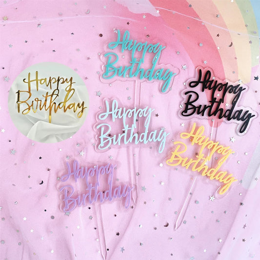 Adorno para Pastel de Feliz Cumpleaños - Decoración de Acrílico en Rosa, Dorado, Plateado, Negro y Amarillo - Inserto para Cupcakes y Postres - Ideal para Bodas y Baby Showers