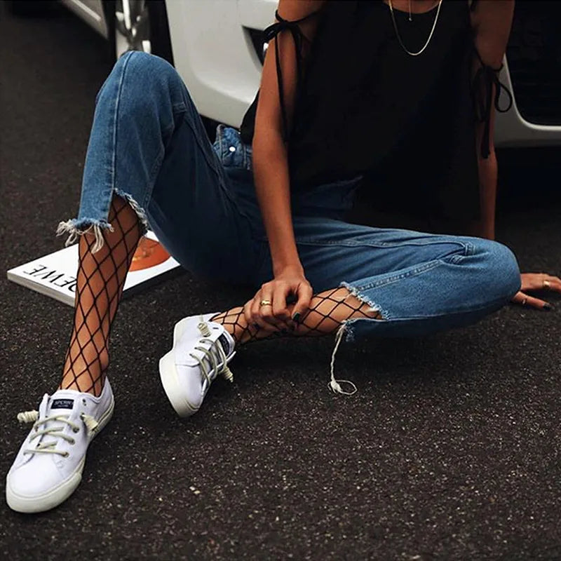 Pantimedias de Malla Fishnet para Mujer, Lencería Sexy con Diseño Jacquard, Medias Largas Nylon con Costura y Puntera Abierta