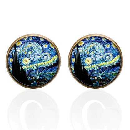 Gemelos de Arte Clásico de Van Gogh para Hombres – Cielo Estrellado en Vidrio y Broche en Bronce, Joyería de Alta Calidad