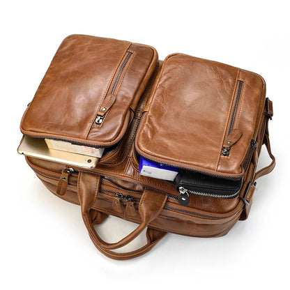 Maletín de Negocios para Hombre en Cuero Genuino Suave - Bolsa Multifuncional 3 en 1, Maletín, Bandolera y Tote para Laptop de 14 Pulgadas