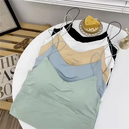 Top Corto Sexy para Mujer, Camiseta sin Mangas de Hombros Caídos con Bra Integrado, Ice Silk Camisole, Sutil y Fresco para Verano