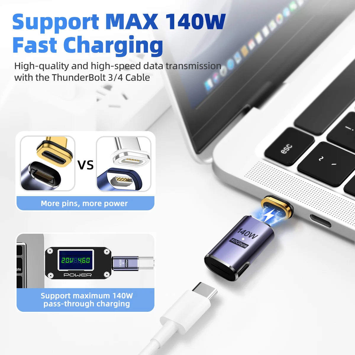 Adaptador Magnético USB C a USB C USB4.0 Thunderbolt 3 | Carga Rápida 140W y Transferencia de Datos 40Gbps | Soporta 8K@60Hz