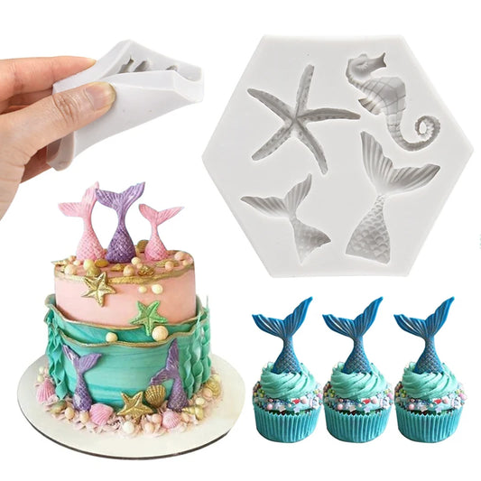 Molde de cola de sirena de silicona, caballito de mar y estrella de mar: decoración de pastel de fondant y chocolate para fiestas de cumpleaños con temática marina