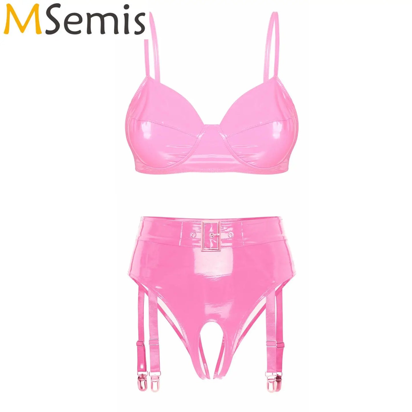 Set de Lencería de Cuero Brillante para Mujer - Sujetador sin Aros y Tanga de Cintura Alta con Clips de Liguero, Ideal para Clubwear