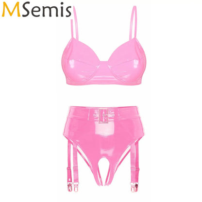 Set de Lencería de Cuero Brillante para Mujer - Sujetador sin Aros y Tanga de Cintura Alta con Clips de Liguero, Ideal para Clubwear
