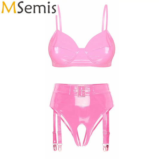 Set de Lencería de Cuero Brillante para Mujer - Sujetador sin Aros y Tanga de Cintura Alta con Clips de Liguero, Ideal para Clubwear