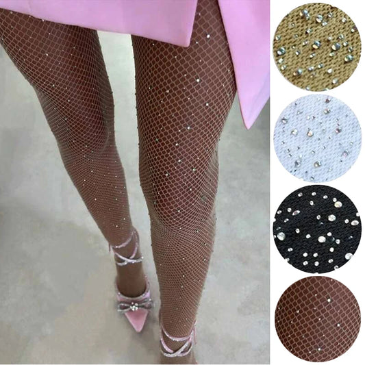 Pantimedias de Rejilla con Diamantes para Mujer, Medias de Red Brillantes a la Moda, Ajustadas de Nailon para Verano