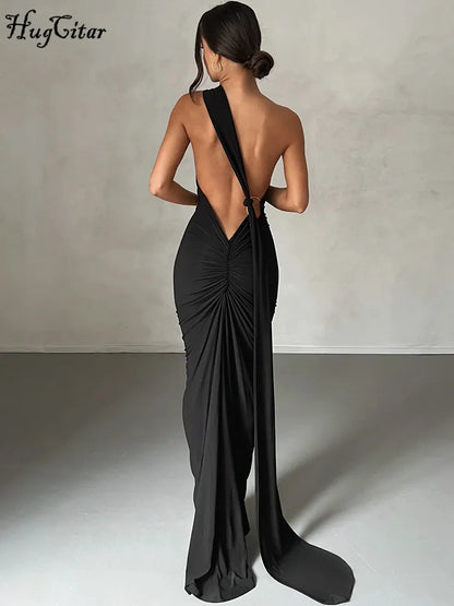Vestido Maxi de Un Hombro y Espalda Descubierta – Ajustable con Bufanda y Detalle Ruchado – Elegante y Sexy, Moda