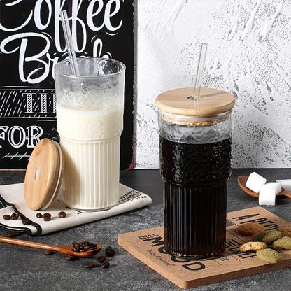 Vaso de Vidrio Acanalado 500/600ml con Tapa y Paja | Vaso para Cócteles, Cerveza, Café Helado, Jugo, Té y Agua