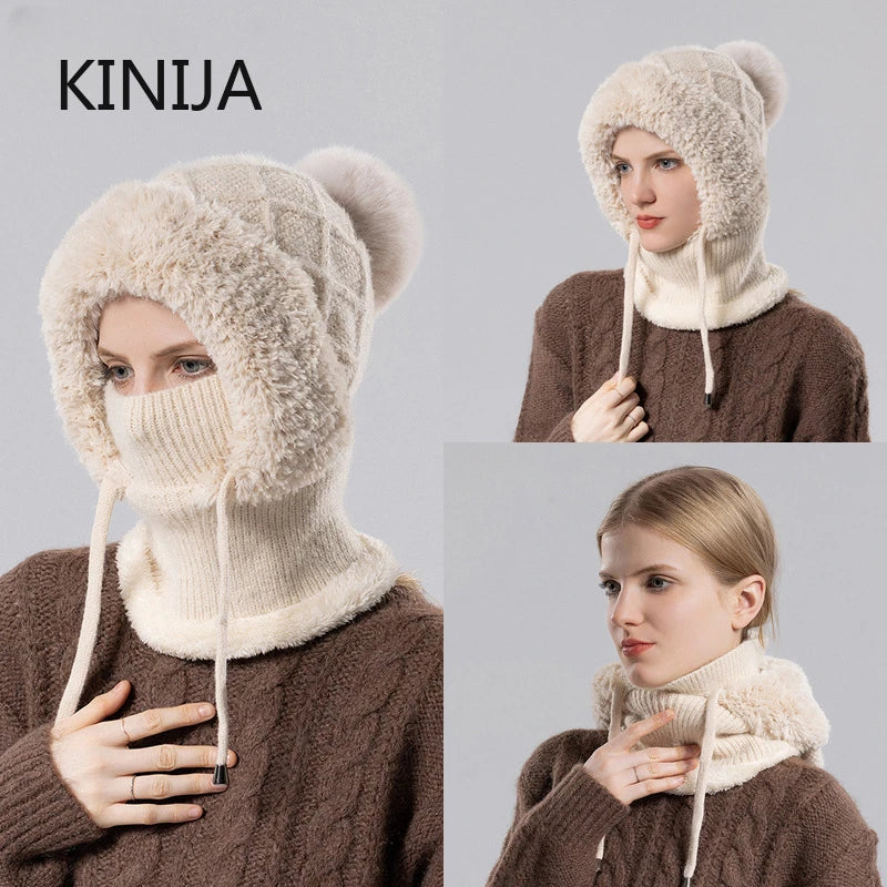 Pasamontañas de Lana de Punto de Terciopelo para Mujer - Gorro Esponjoso con Protección para los Oídos y Máscara de Cuello Integrada