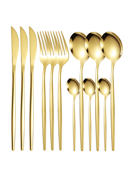 Set de Cubiertos Finos de Acero Inoxidable de 12 Piezas | Cuchillos de Bistec y Tenedores Portugal, Cucharas de Postre y Café
