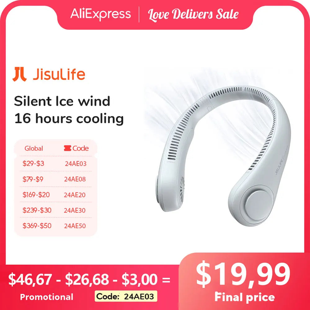 Ventilador Portátil JISULIFE para Cuello con 78 Salidas de Aire - Brinda Viento Refrescante, 4000 mAh USB Recargable, Mini Ventilador Personal Silencioso para Deportes