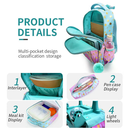 Set 3PCS Mochila Escolar con Ruedas para Niñas - Diseño Torre Eiffel Rosa con Lentejuelas y Función Brilla en la Oscuridad