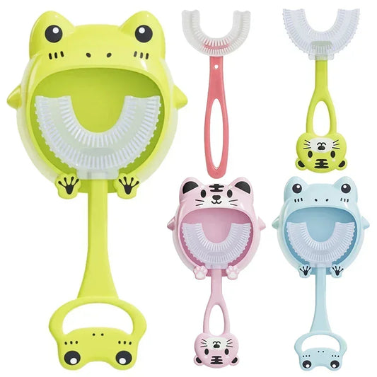 Cepillo de dientes en forma de U para bebé, 360 grados, cepillo de limpieza para el cuidado bucal, de silicona suave, artículos para bebé de 2 a 12 años