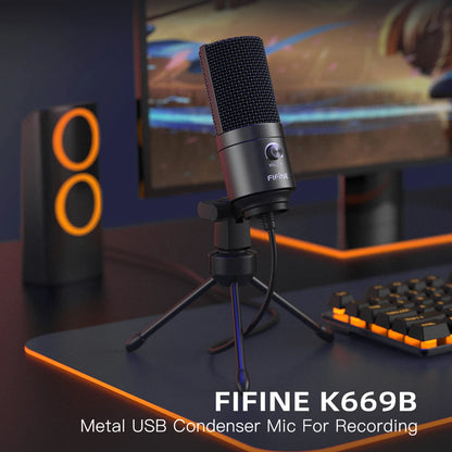 Micrófono de Condensador USB FIFINE K669B con Control de Ganancia | Micrófono de Metal para Estudio en Casa, Podcasting y Grabación de Voz en Laptop y Windows