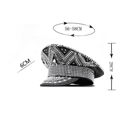Sombrero Militar de Lujo para Mujer Decorado con Rhinestones | Gorra de Capitán para Bodas, Fiestas de Cumpleaños y Festivales - Estilo Casual