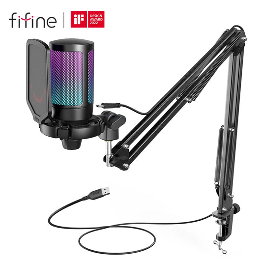 Kit de Micrófono USB para Gaming FIFINE A6T - Micrófono Cardioide Condensador con RGB, Botón de Silencio y Soporte de Brazo para PC y PS4/5
