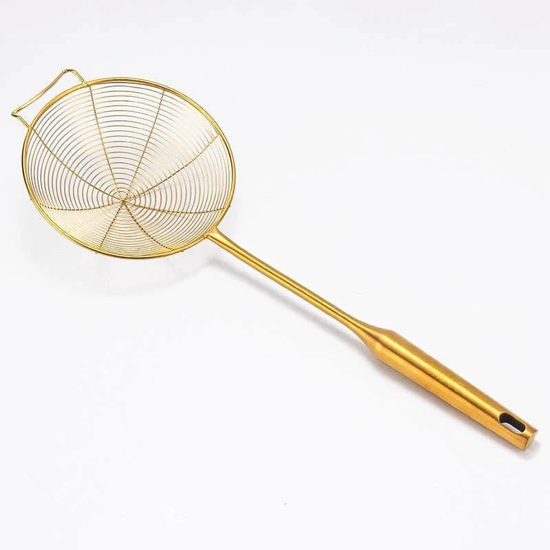 Colador de Espumador de Acero Inoxidable Dorado - Herramienta de Cocina para Freír y Filtrar Aceites