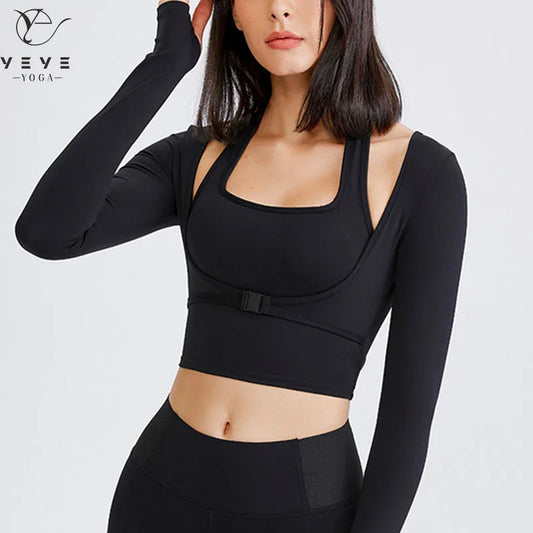 Camiseta Deportiva de Manga Larga para Mujer, 2 en 1 Top Corto para Fitness, Entrenamiento, Yoga, Gimnasio