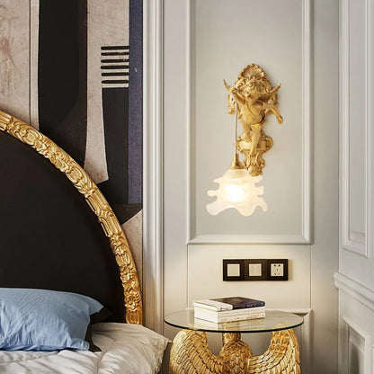 Lámpara de Pared de Cristal con Flor Colgante y Ángel de Cobre de Estilo Vintage Francés, Iluminación de Cabecera de Palacio, Pasillo, Entrada, Porche, Balcón