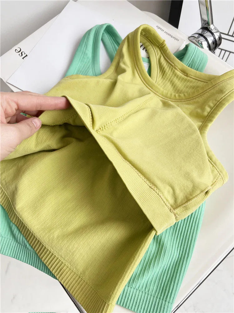 Camiseta Deportiva Sin Mangas de Canalé Sólido para Mujer, Chaleco de Yoga Suave en Forma de Y, Camiseta Transpirable de Secado Rápido para Correr, Cómoda y Extraíble en el Pecho