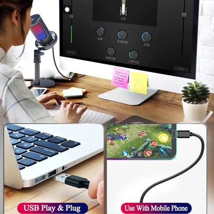 Micrófono USB Condensador Profesional con Luz RGB | Ideal para Grabación y Streaming | Compatible con PC y Laptop