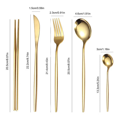 Set de Cubertería de Acero Inoxidable Dorado Portugués | 6 Pzas o 30 Pzas - Cuchillo, Tenedor, Cuchara, Cucharita y Palillos de Alta Calidad