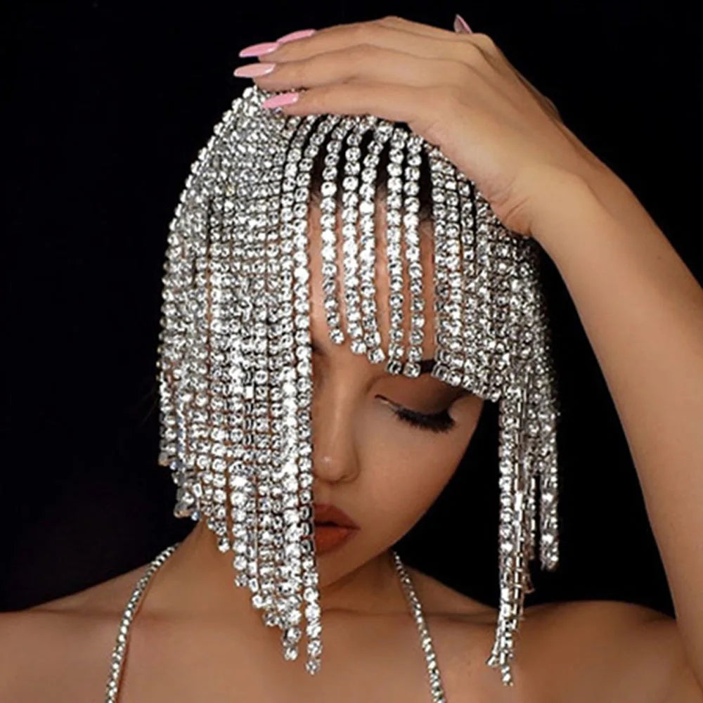 Cadena de Pelo con Borla Larga para Mujer, Diadema de Cristal con Diamantes de Imitación, Tocado Nupcial y Accesorios para Club Nocturno
