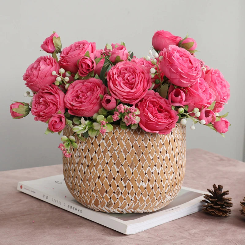 Ramo de Peonías Artificiales de Seda 30cm - Decoración para Boda, Hogar y Eventos - Flores Realistas con 5 Rosas Grandes y 4 Capullos Pequeños