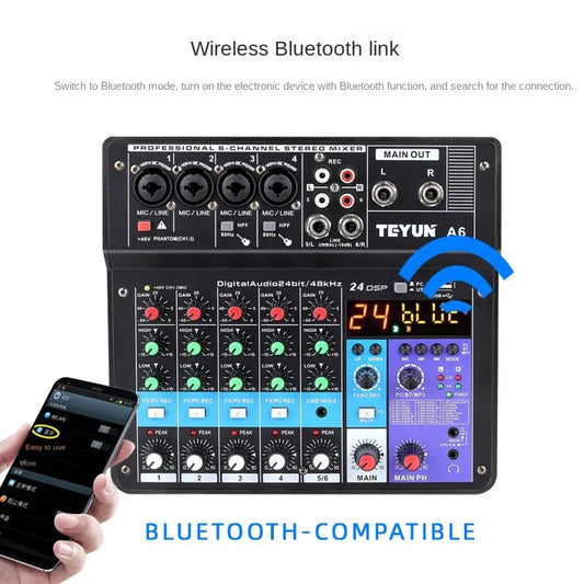Controlador de Mezcla de DJ TEYUN Sound 6 Vías - Equipo Profesional de Mezcla de Audio, Consola Portátil para Electrónica de Consumo en Video