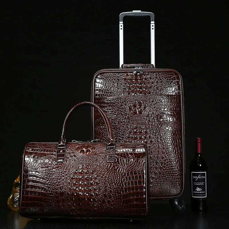 Maletero de Viaje de Cuero Genuino con Patrón de Cocodrilo, Juego de Equipaje con Mochila y Bolso de Mano, Maleta de Trolley para Hombres