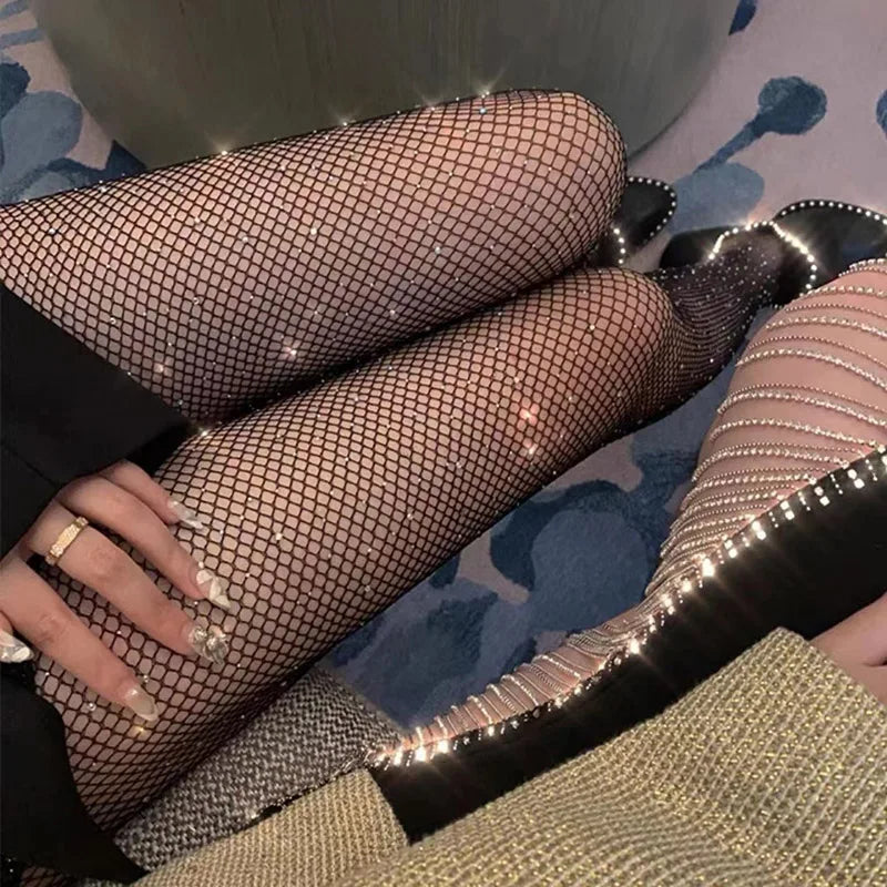 Pantimedias de Rejilla con Diamantes para Mujer, Medias de Red Brillantes a la Moda, Ajustadas de Nailon para Verano