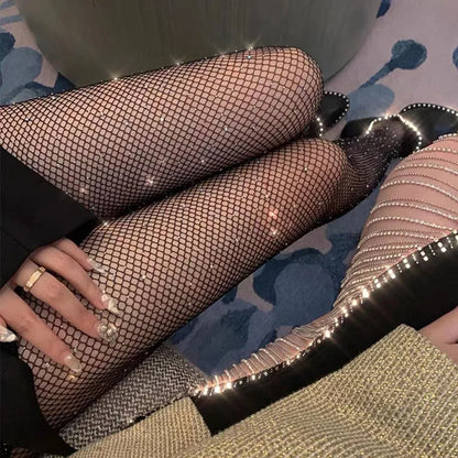 Pantimedias de Rejilla con Diamantes para Mujer, Medias de Red Brillantes a la Moda, Ajustadas de Nailon para Verano