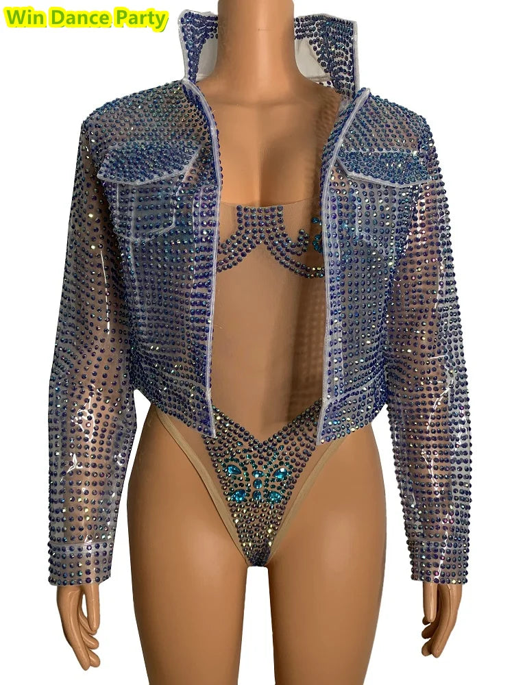 Mono de Malla Fluorescente Ajustado con Diamantes - Chaqueta Envuelta en la Cadera para Cantantes y Actuaciones Nocturnas