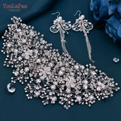 Tocado de Novia con Diamantes de Imitación, Conjunto de Pendientes, Tiara Nupcial, Corona de Boda de Cristal, Diadema, Accesorios para el Cabello, HP240