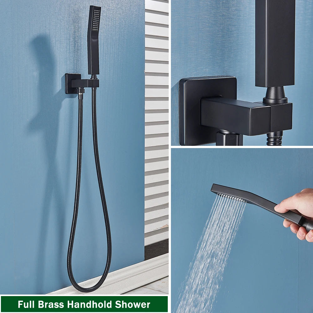 Grifo Termostático para Ducha Rozin de Latón Negro con Mezclador de Lluvia en el Techo de 40*80cm, Grifo Mezclador de Ducha Empotrado para Baño