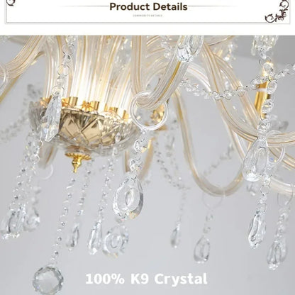 Candelabro de Techo de Cristal Dorado para Dormitorio, Comedor y Sala de Estar, Clásico Colgante de Vela