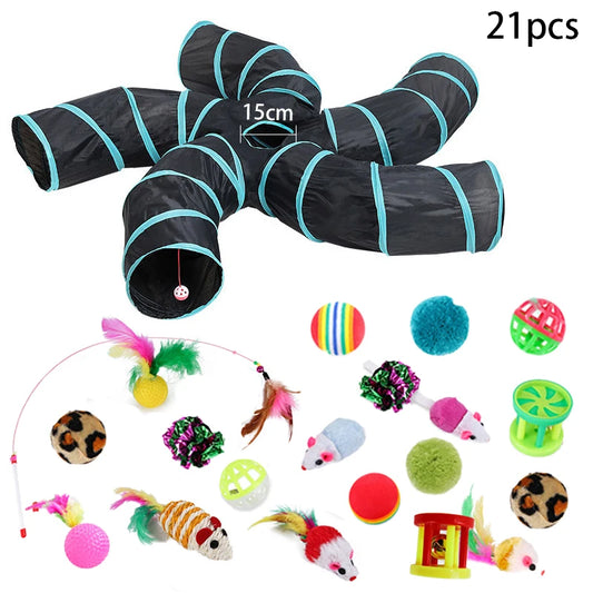 Sonajero para Gatos y Túnel de Papel Arrugado, Juguetes para Gatos Pequeños, Túnel Plegable de Poliester y Algodón, Tienda y Juguetes para Gatos, 21 Piezas