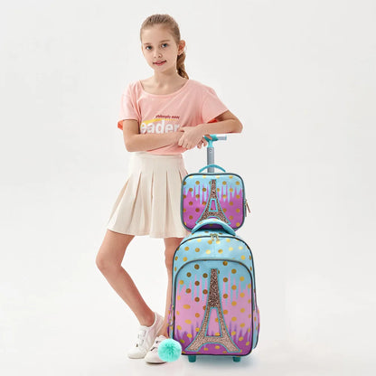 Set 3PCS Mochila Escolar con Ruedas para Niñas - Diseño Torre Eiffel Rosa con Lentejuelas y Función Brilla en la Oscuridad