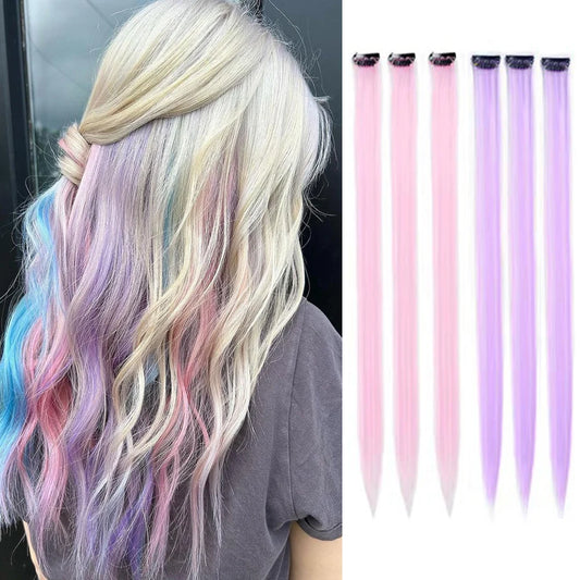 6 Piezas/Paquete Extensiones de Cabello con Clip de Colores para Fiesta, Destellos para Niñas, 22 Pulgadas, Cabello Sintético Liso