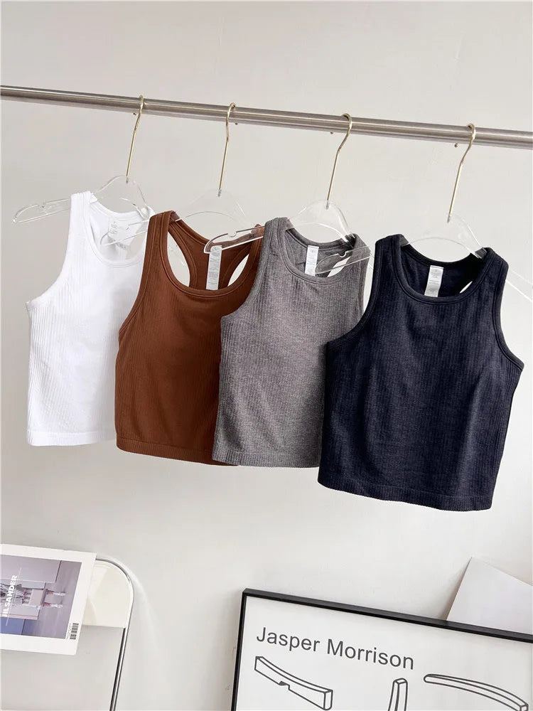 Camiseta Deportiva Sin Mangas de Canalé Sólido para Mujer, Chaleco de Yoga Suave en Forma de Y, Camiseta Transpirable de Secado Rápido para Correr, Cómoda y Extraíble en el Pecho