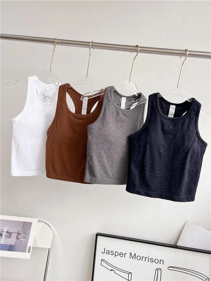 Camiseta Deportiva Sin Mangas de Canalé Sólido para Mujer, Chaleco de Yoga Suave en Forma de Y, Camiseta Transpirable de Secado Rápido para Correr, Cómoda y Extraíble en el Pecho