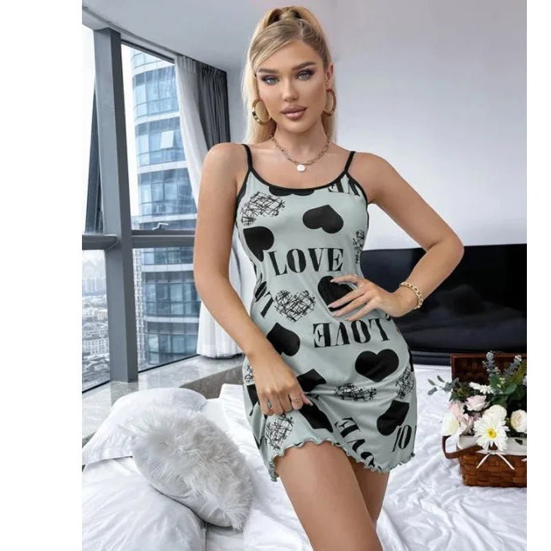 Camisón de belleza con espalda delgada para el hogar, ropa Sexy con cuello Halter, Falda corta, pijama con estampado de dibujos animados de amor, novedad de verano