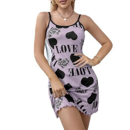 Camisón de belleza con espalda delgada para el hogar, ropa Sexy con cuello Halter, Falda corta, pijama con estampado de dibujos animados de amor, novedad de verano