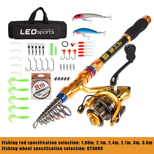 Combo de Caña y Carrete para Pesca en Mar Telescópica de Carbono 1.8-3.6m: Equipo Completo para Pesca de Spinning y Baitcasting