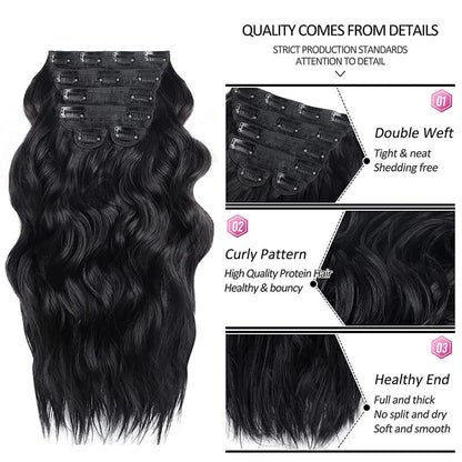 Extensiones de Cabello Sintético Largo con Clip, Ondulado Ombre Rubio y Marrón, Postizos Gruesos, 6 Piezas por Juego