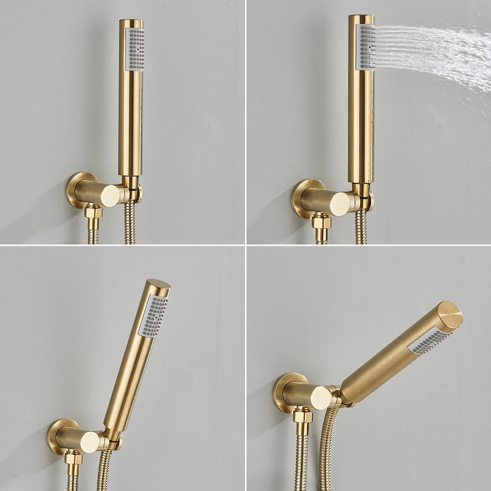 Grifo de Bañera Dorado Cepillado Montado en Pared, Sistema de Ducha de Cascada, Grifo de Baño y Mezclador de Ducha Empotrado