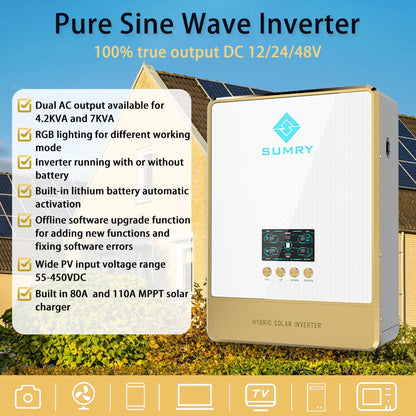 Inversor Solar Off-Grid SUMRY 24V/48V DC a 220V AC Onda Senoidal Pura con Cargador Solar MPPT 80A